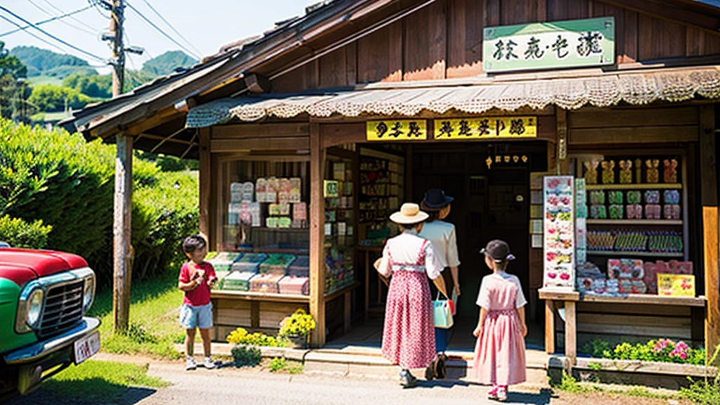 Children and an old woman shopping at a small candy store in the countryside、A small sweet shop in the Japanese countryside、