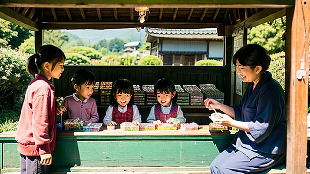  and an old woman shopping at a small candy store in the countryside、A small sweet shop in the Japanese countryside、