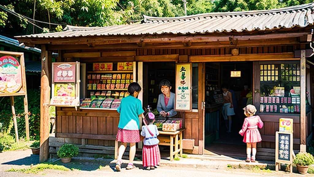 Children and an old woman shopping at a small candy store in the countryside、A small sweet shop in the Japanese countryside、