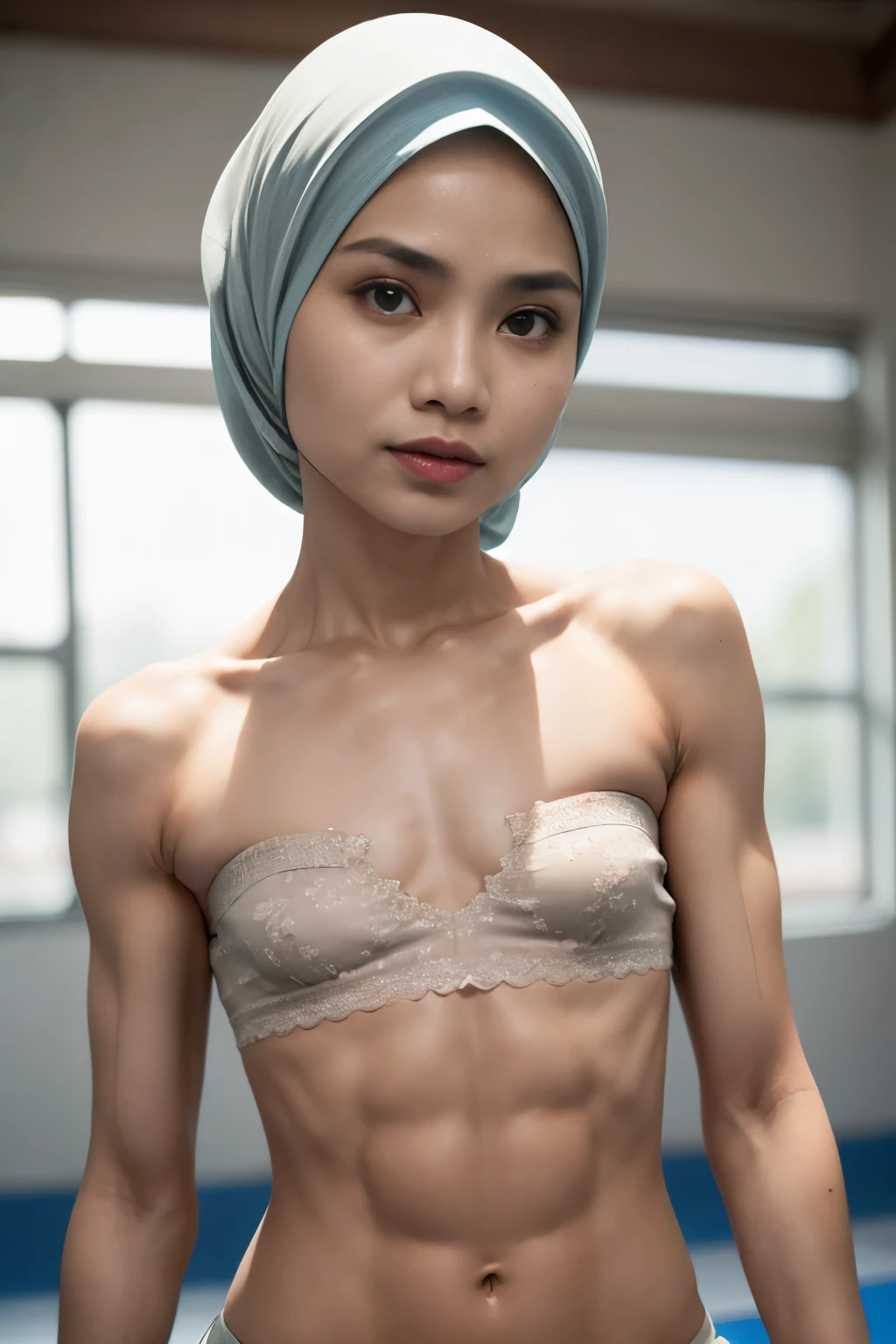 ((SHORT HIJAB)), ((Flat chest:1.7)), (dynamic photograph of a 58 year old Indonesian woman), (slim top, cotton panties), (straight non curly hair), (highly detailed face:1.4), (vascular muscles and abs:1.3), (background inside light, bright, private gym:1.1), (8k, uhd, dslr, high quality, cinematic lighting, bokeh), (dramatic, award winning photography, incredible masterpiece:1.3), (((sexy sultry stare at camera:0.8))), close up, ((she is ready to dominate you:0.5)), ((beautiful feminine face)) (she is a champion MMA fighter), add_detail:1, ((Wearing strapless pastel)) lace yellow fluorescence , from behind view, seductive pose, straddling ,