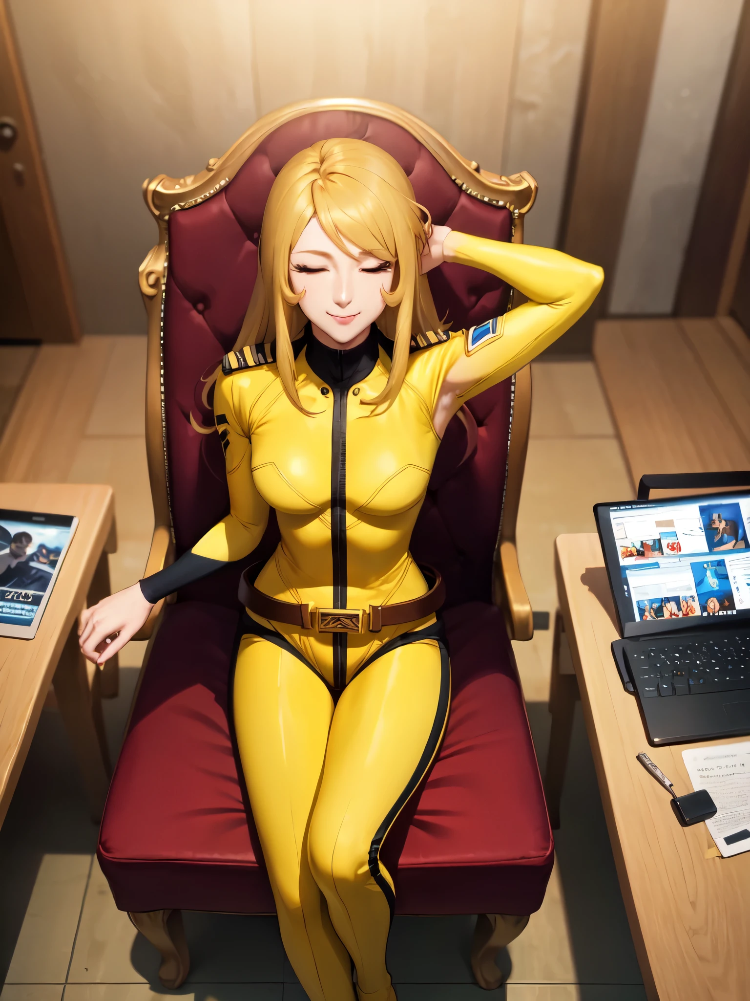 Armpit Show,No sleeve,(masterpiece, highest quality:1.2), Cowboy Shot, alone, One girl, mori yuki, smile, Mouth closed, View your viewers, Sitting, Chair, Blonde, Yellow bodysuit, Fits perfectly to the skin, belt