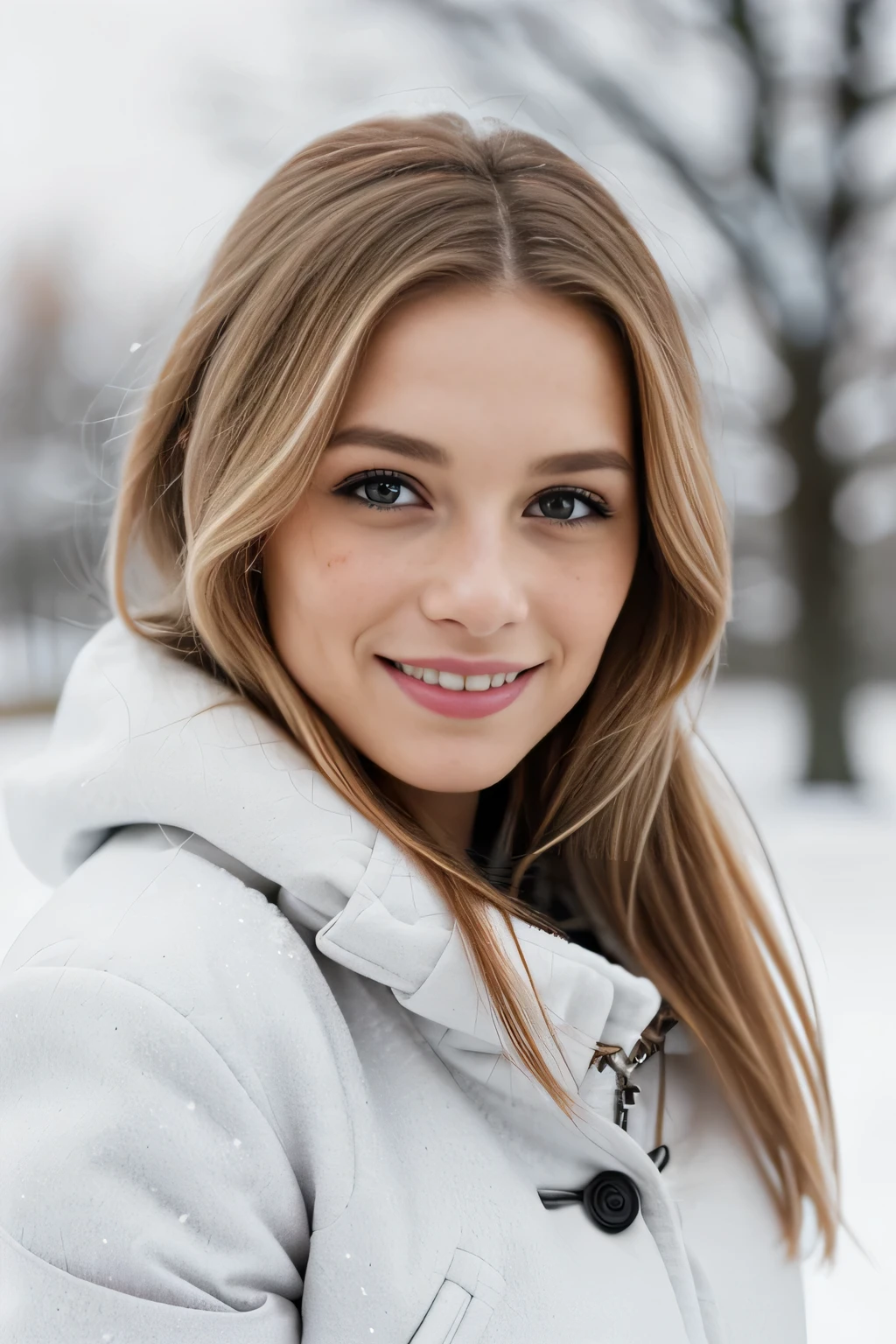 (beautiful, detailreiches Haar blond, im schnee ), (Adorable freckles), (charming smile, schelmischer Ausdruck), (verspielte Pose), (Winter outfit), (wunderliche Brise, wallende Haare), (Bokeh-Hintergrund), (lebendige Farben, rich tones), (froh, sorglos), (fesselnd, Zauberhaft)