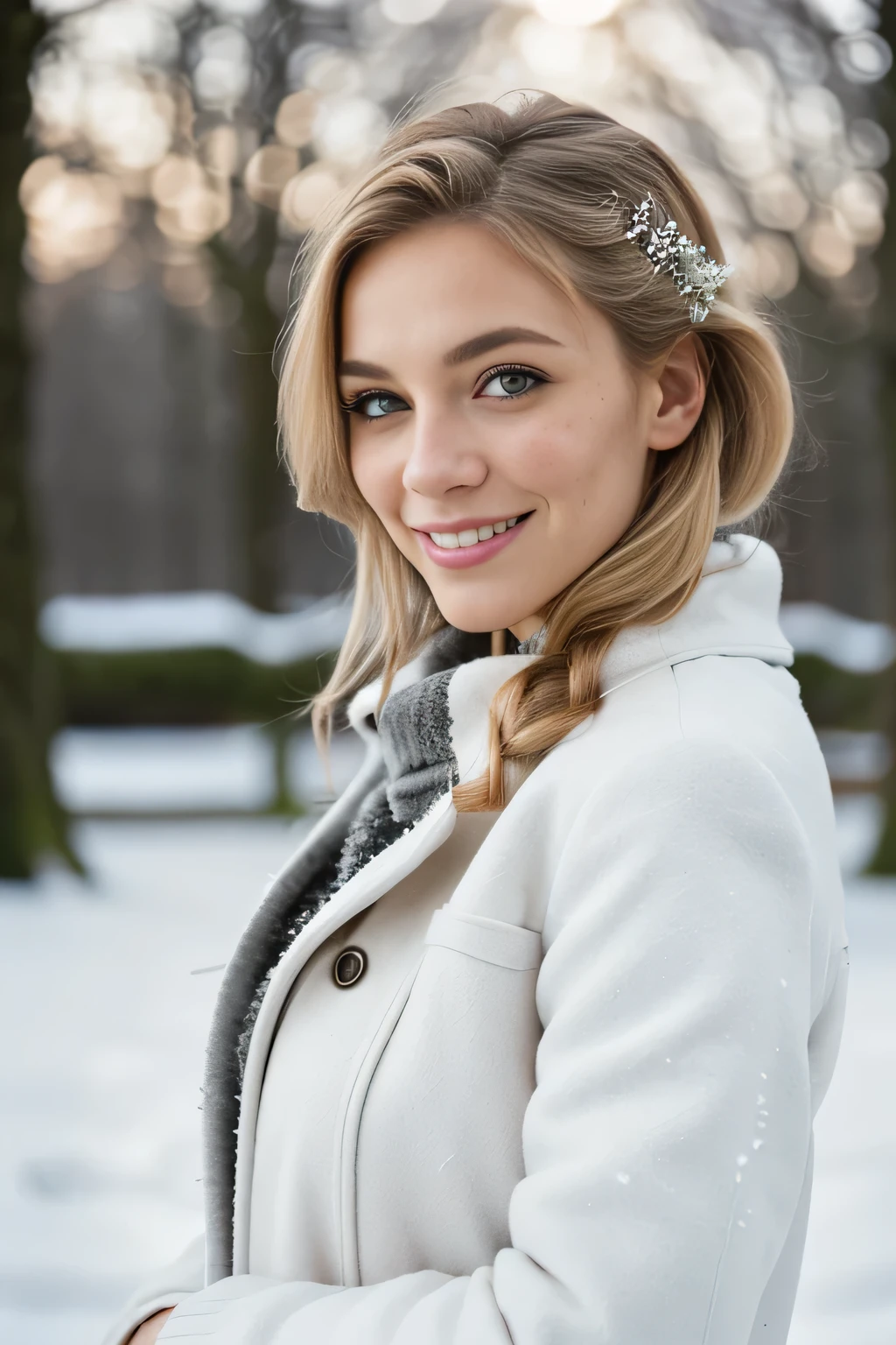 (beautiful, detailreiches Haar blond, im schnee ), (Adorable freckles), (charming smile, schelmischer Ausdruck), (verspielte Pose), (Winter outfit), (wunderliche Brise, wallende Haare), (Bokeh-Hintergrund), (lebendige Farben, rich tones), (froh, sorglos), (fesselnd, Zauberhaft)