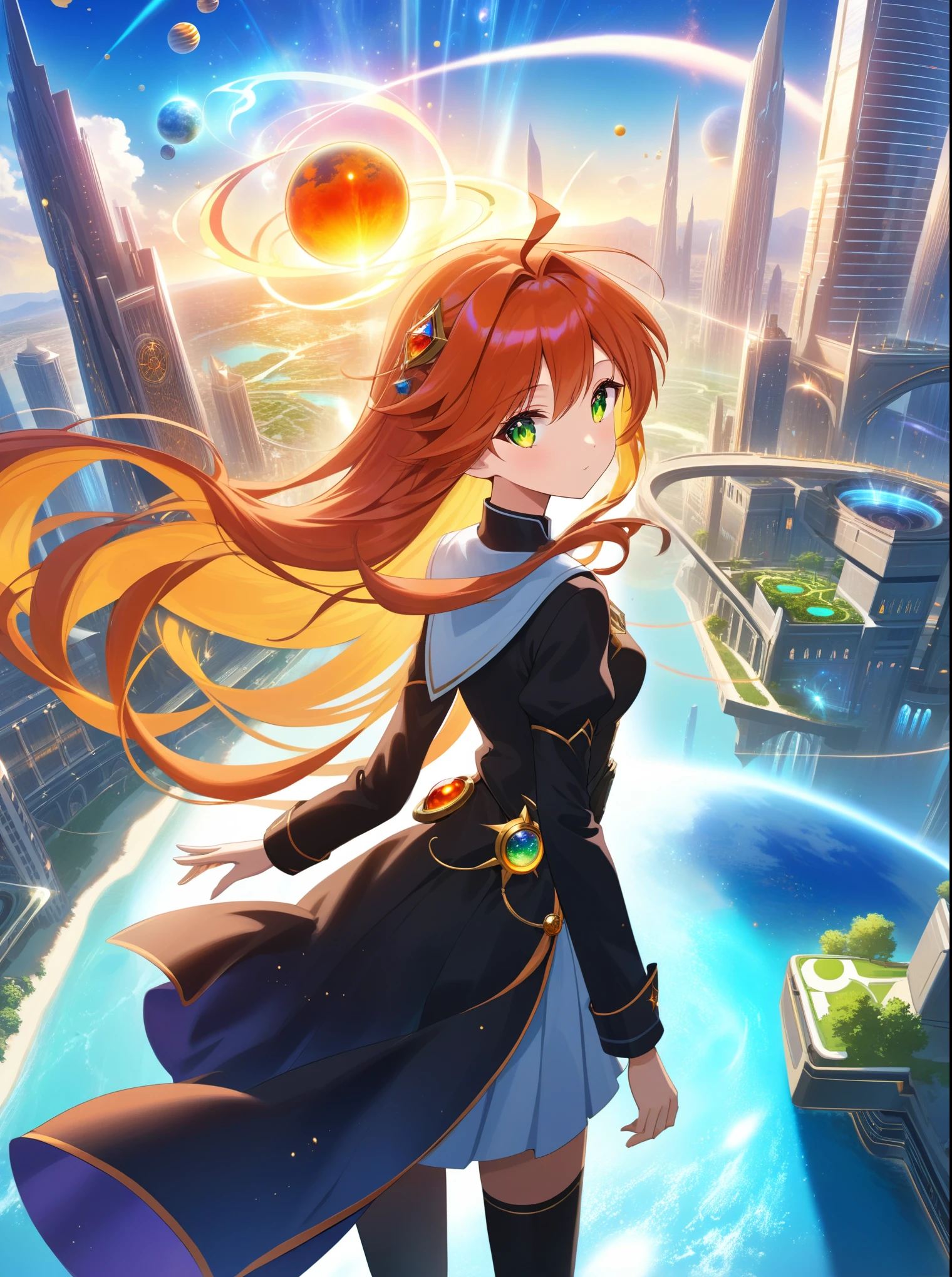 ung magical girl flying on the sky, young sister taste, jet black semi-long hair with honey inner color, amber eyes, glowing eyes, wearing back cape, dark color clothing, magic around her, joyful face, magic city, scientific architecture, mystical energy, magic particle, science fantagy, advanced technology, witches flying on the sky, future style, fantastic atmosphere, advanced infrastructure, teleport, water city, oasis, sophisticated urban, hope, glory, another planet, ((eternal classic, ultra detailed CG unity 32k wallpaper, an ultra delicate and beautiful, an ultra detailed character)), ((ultra beautiful illustration)), ((ultra detailed beautiful face and eyes, ultra detailed background, ultra detailed body)), (concept art), ((anime style)), ((Game CG)), dramatic angle, (((fantasy science)))