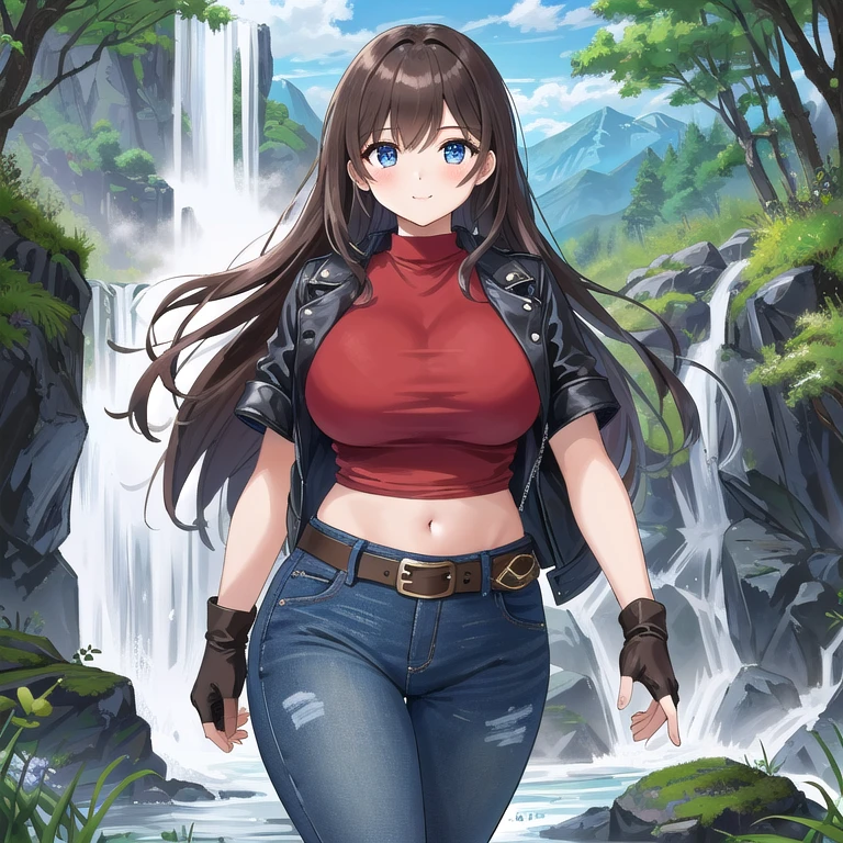 A Beautiful Young Girl, walking in the woods of a Beautiful Mountain Range, beautiful view of a waterfall and a glimpse of the mountains in the background. She has ((Lush, Thick, Long Dark-Brown Hair)), (Big Beautiful Blue Eyes), Large Breasts, wide hips, decently muscular, and has a 5.8 feet tall athletic and Curvy Figure. She is wearing a ((Black-Leather-Jacket)), (Red Shirt), ((Heavily worn, Dark-Blue Jeans, with a Leather Belt)), a lightweight Brown Backpack, and (Black Leather Fingerless Gloves). Looking at the viewer with a soft smile, and an adventurous and confident expression.