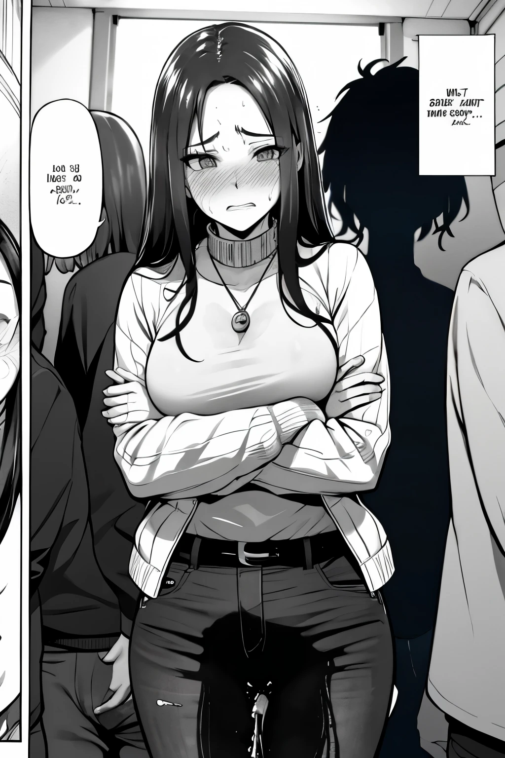 A woman with very long (black hair:1.5), wearing a stylish jacket and tight jeans, stands in a (monochrome:1.25) setting. The artwork is inspired by manga and incorporates a doujin style. The woman appears to be (wetting herself:1.5), which causes her to feel embarrassed and humiliated, resulting in a blush on her face. In addition, there is an air of anger in her expression. The lighting in the scene is moody, with a spotlight highlighting the woman's figure. She is crossing her arms, (arms crossed:1.5), fully showcasing her jeans., medium breasts