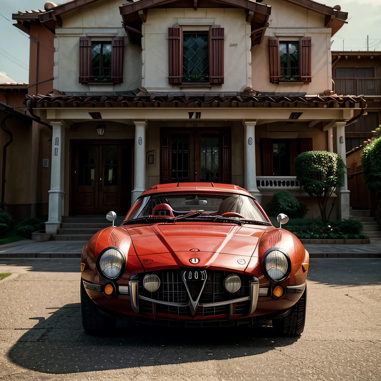 /imagine prompt: Alfa Romeu spider , 1978, red color, fhotorrealism,(((Ghibli style))), Spirited Away, Howl's Moving Castle, dreamy colour palette,