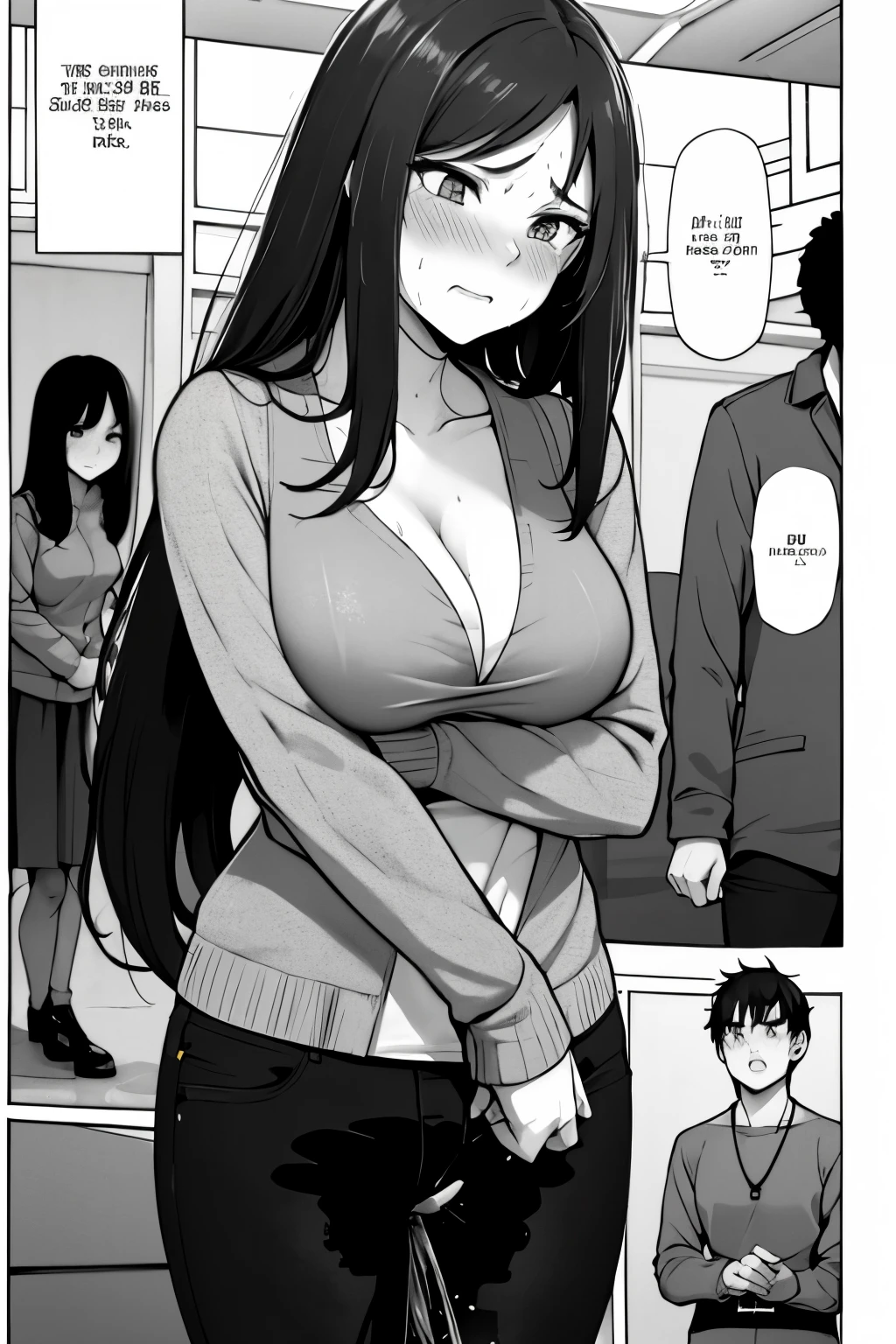 A woman with very long (black hair:1.5), wearing a stylish jacket and tight jeans, stands in a (monochrome:1.25) setting. The artwork is inspired by manga and incorporates a doujin style. The woman appears to be (wetting herself:1.5), which causes her to feel embarrassed and humiliated, resulting in a blush on her face. In addition, there is an air of anger in her expression. The lighting in the scene is moody, with a spotlight highlighting the woman's figure. She is crossing her arms, (arms crossed:1.5), fully showcasing her jeans., medium breasts