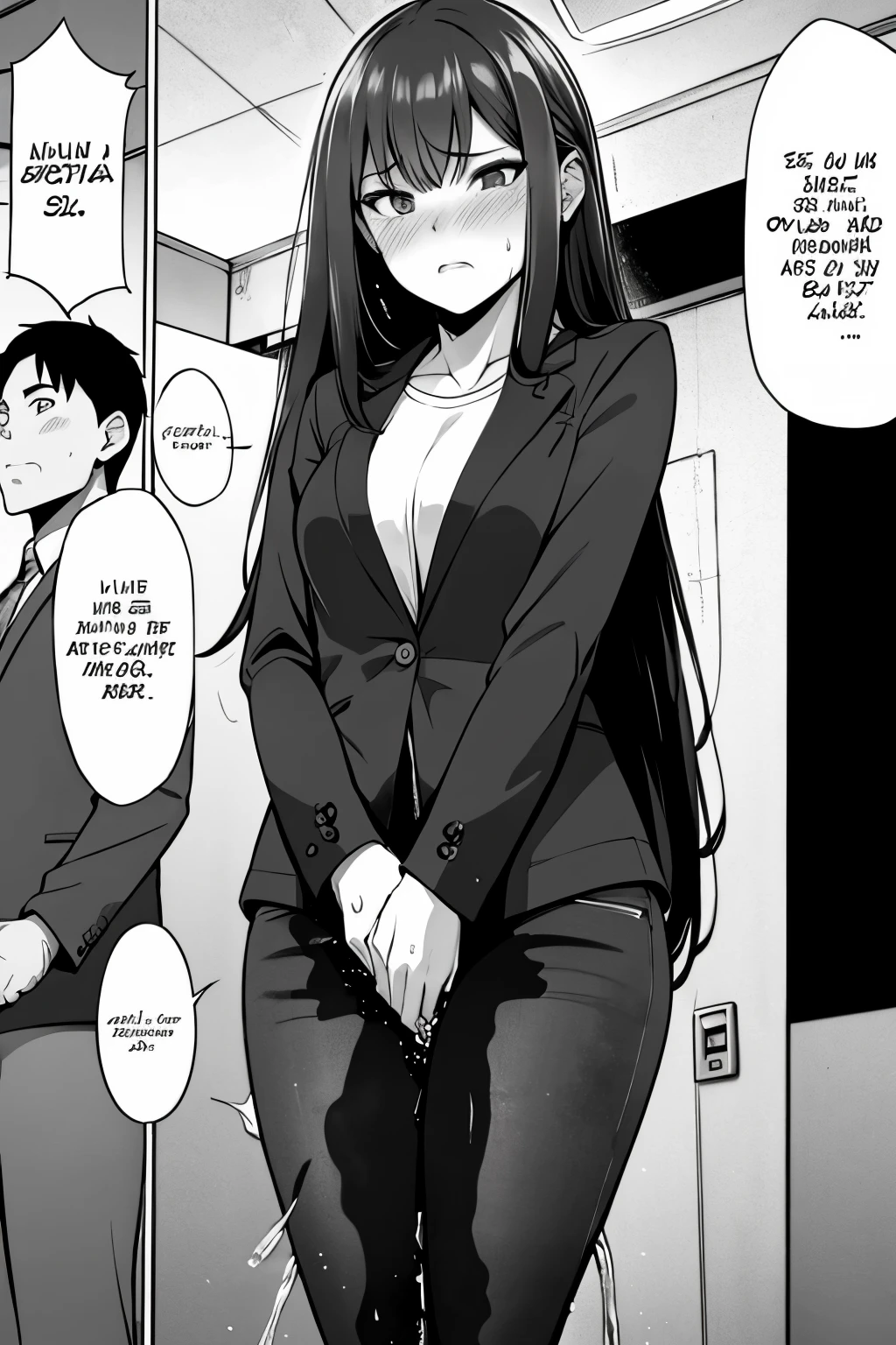 A woman with very long (black hair:1.5), wearing a stylish jacket and tight jeans, stands in a (monochrome:1.25) setting. The artwork is inspired by manga and incorporates a doujin style. The woman appears to be (wetting herself:1.5), which causes her to feel embarrassed and humiliated, resulting in a blush on her face. In addition, there is an air of anger in her expression. The lighting in the scene is moody, with a spotlight highlighting the woman's figure. She is crossing her arms, (arms crossed:1.5), fully showcasing her jeans., medium breasts