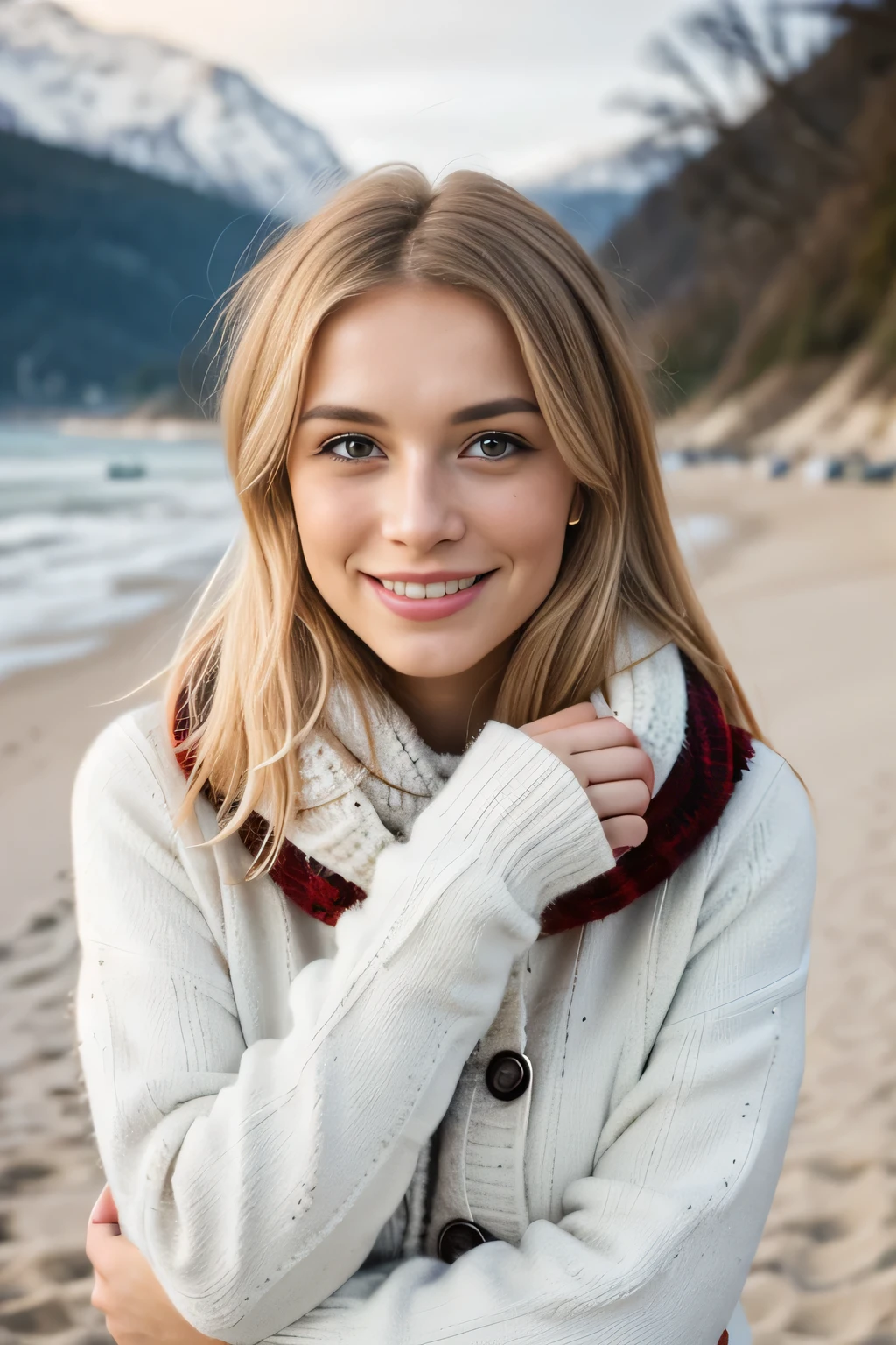 (beautiful, detailreiches Haar blond, am strand ), (Adorable freckles), (charming smile, schelmischer Ausdruck), (verspielte Pose), (Winter outfit), (wunderliche Brise, wallende Haare), (Bokeh-Hintergrund), (lebendige Farben, rich tones), (froh, sorglos), (fesselnd, Zauberhaft)
