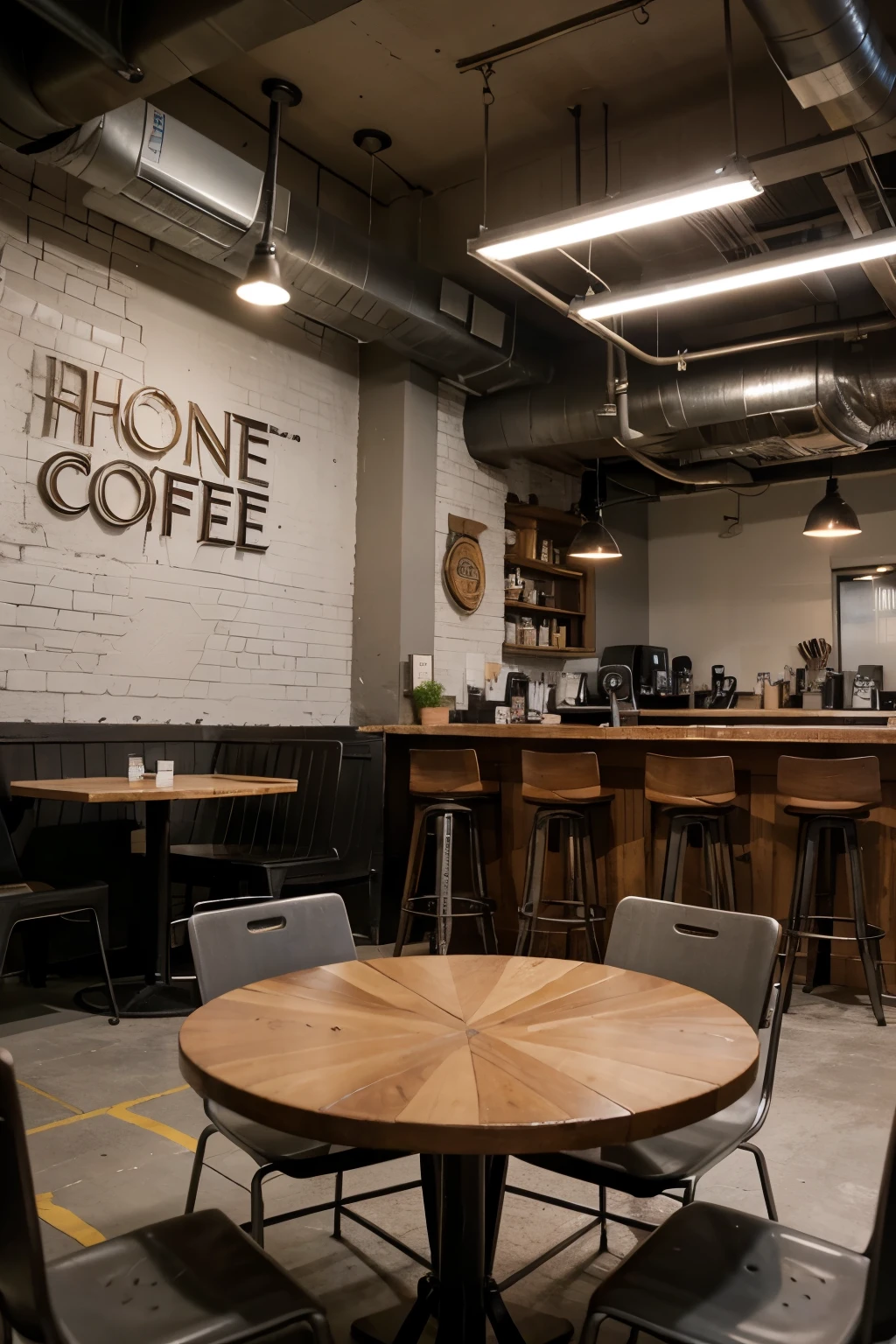 industrial themed round table for coffee shop
((desenho realista))