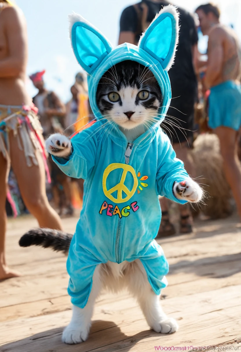 magnficent bioluminescent kitten wearing peace and love costume hyppie at woodsotck 1960 festival, depth of field, highly detailed, natural lighting, light-focused, amateur shot, OverallDetail, (masterpiece, best quality, Professional, perfect composition, very aesthetic, absurdres, ultra-detailed, intricate details:1.3)