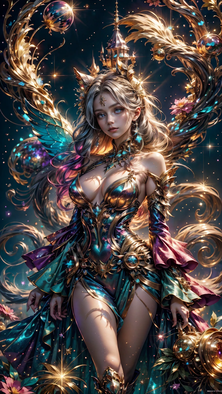 A beautiful fairy glitter Woman, anime style. walking through a vibrant glittering wonderland. The playful scene is captured in a digital painting, showcasing the woman's rainbow glitter mane and sparkling, golden ornament. Every tree and mountain in the landscape is meticulously rendered, from the sugary trees to the gumdrop mountains, creating a visually stunning and immersive world. The overall effect is a delightful blend of fantasy, glitter and nostalgia, solarpunk, fantasy anime. 2.5D style anime, close-up, fine quality silver eyes, eyes looking at the camera, ultra detailed, Beautiful and aesthetically pleasing, masterpiece, Best quality score, Extremely detailed , dynamic angle, raytraced, middle body, close up, high view, particles, glitter and soft lights, angulo picado
