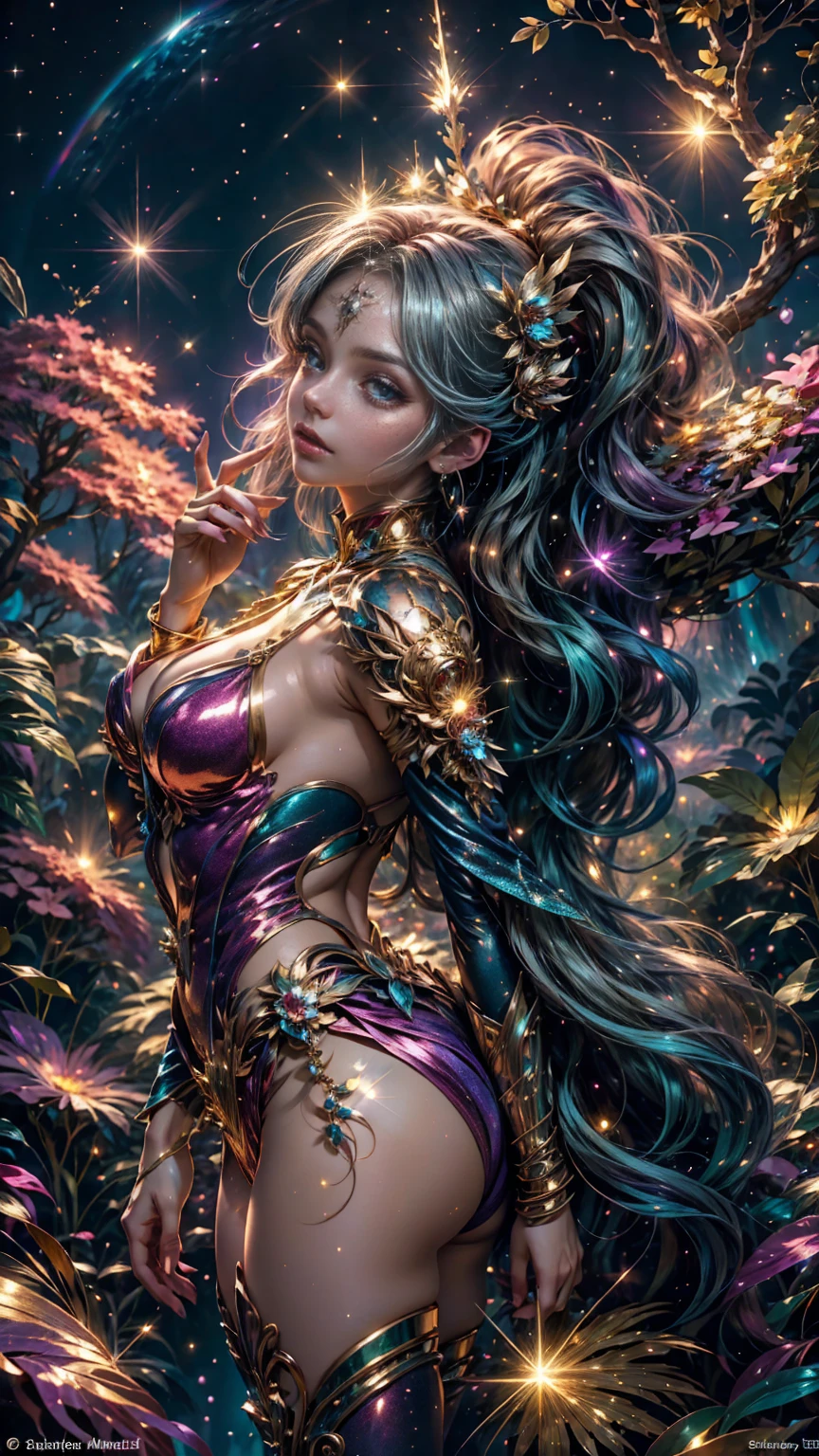 A beautiful fairy glitter Woman, anime style. walking through a vibrant glittering wonderland. The playful scene is captured in a digital painting, showcasing the woman's rainbow glitter mane and sparkling, golden ornament. Every tree and mountain in the landscape is meticulously rendered, from the sugary trees to the gumdrop mountains, creating a visually stunning and immersive world. The overall effect is a delightful blend of fantasy, glitter and nostalgia, solarpunk, fantasy anime. 2.5D style anime, close-up, fine quality silver eyes, eyes looking at the camera, ultra detailed, Beautiful and aesthetically pleasing, masterpiece, Best quality score, Extremely detailed , dynamic angle, raytraced, middle body, close up, high view, particles, glitter and soft lights, angulo picado