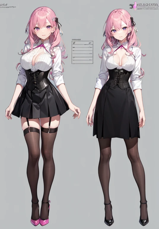 pink hair,Long hair,Adult female,Bartender,((Body harness)),((Rolling up your sleeves shirt)),(Corset),(Tight skirt),Garter belt,High heels,((Simple background)),Smile,((Full body)),((whole body)),Character Sheet,
