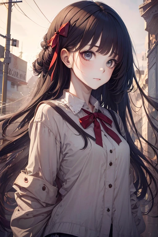 1girl, rebel and casual outfit, long hair with bangs, Red ribbon, peaceful, beautiful detail eyes, (full shot), (stylized:1.2), (Highly detailed), (high resolution), (Best quality), (masterpiece)
