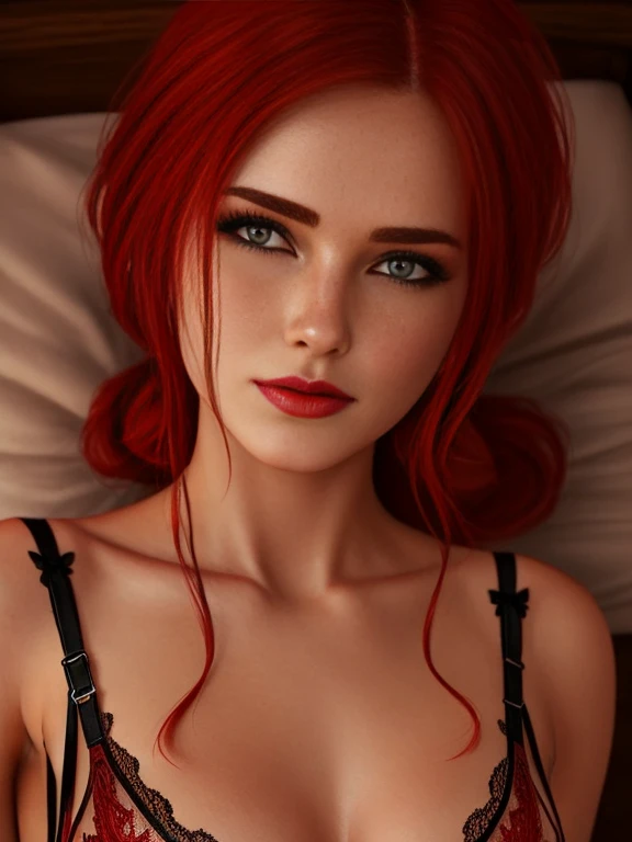 sfw, Beautiful 18 year old redhead with a realistic face like a Russian girl, labios rojos y cabello pelirrojo sin pecas en la cara. ((cabello ondulado desordenado)) ((sentado en la cama)) cuerpo  ideal ((black and red erotic lingerie))ultra-realistic photograph taken with the iPhone 14