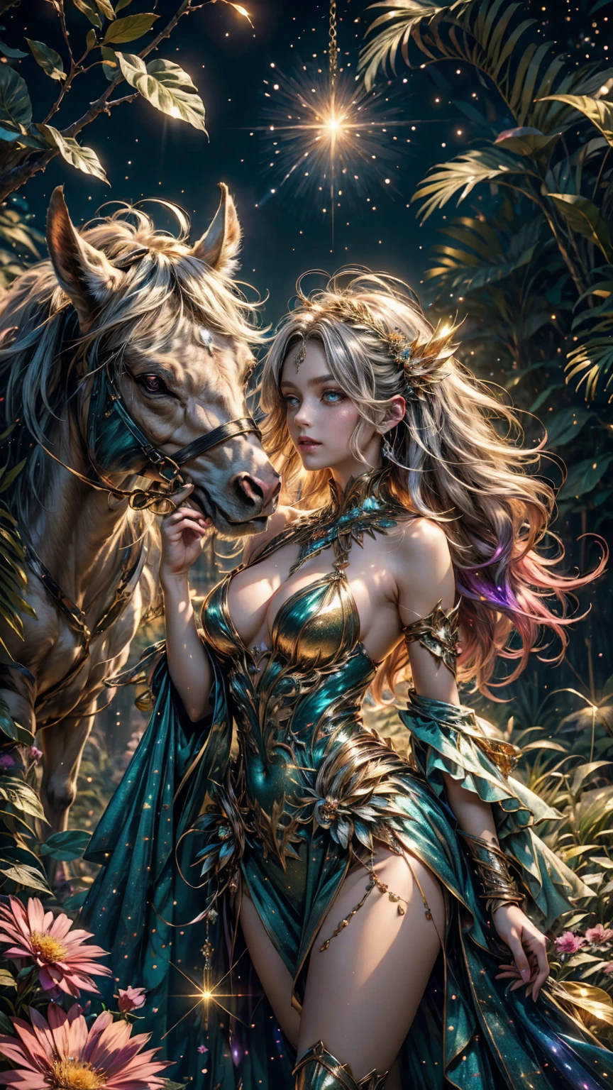 A beautiful fairy glitter Woman, anime style. walking through a vibrant glittering wonderland. The playful scene is captured in a digital painting, showcasing the woman's rainbow glitter mane and sparkling, golden ornament. Every tree and mountain in the landscape is meticulously rendered, from the sugary trees to the gumdrop mountains, creating a visually stunning and immersive world. The overall effect is a delightful blend of fantasy, glitter and nostalgia, solarpunk, fantasy anime. 2.5D style anime, close-up, fine quality silver eyes, eyes looking at the camera, ultra detailed, Beautiful and aesthetically pleasing, masterpiece, Best quality score, Extremely detailed , dynamic angle, raytraced, middle body, close up, high view, particles, glitter and soft lights, angulo picado
