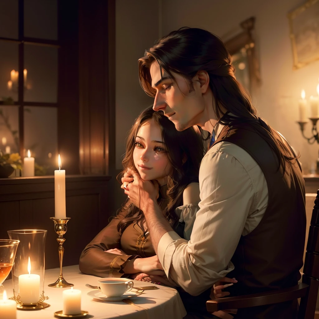 A man and a woman seated at a table, perhaps deep in conversation, the warm glow of flickering candles illuminating their faces as they share a moment of quiet intimacy. The woman, with long flowing locks cascading down her shoulders, leans in closer to the man, her eyes locked on his, as if lost in thought. The man, with a gentle smile playing at the corners of his lips, reaches out to take her hand, their hands intertwining in a gesture of comfort and companionship. Together, they form a scene of tranquility and harmony, the soft hum of background music adding to the peaceful ambiance.
