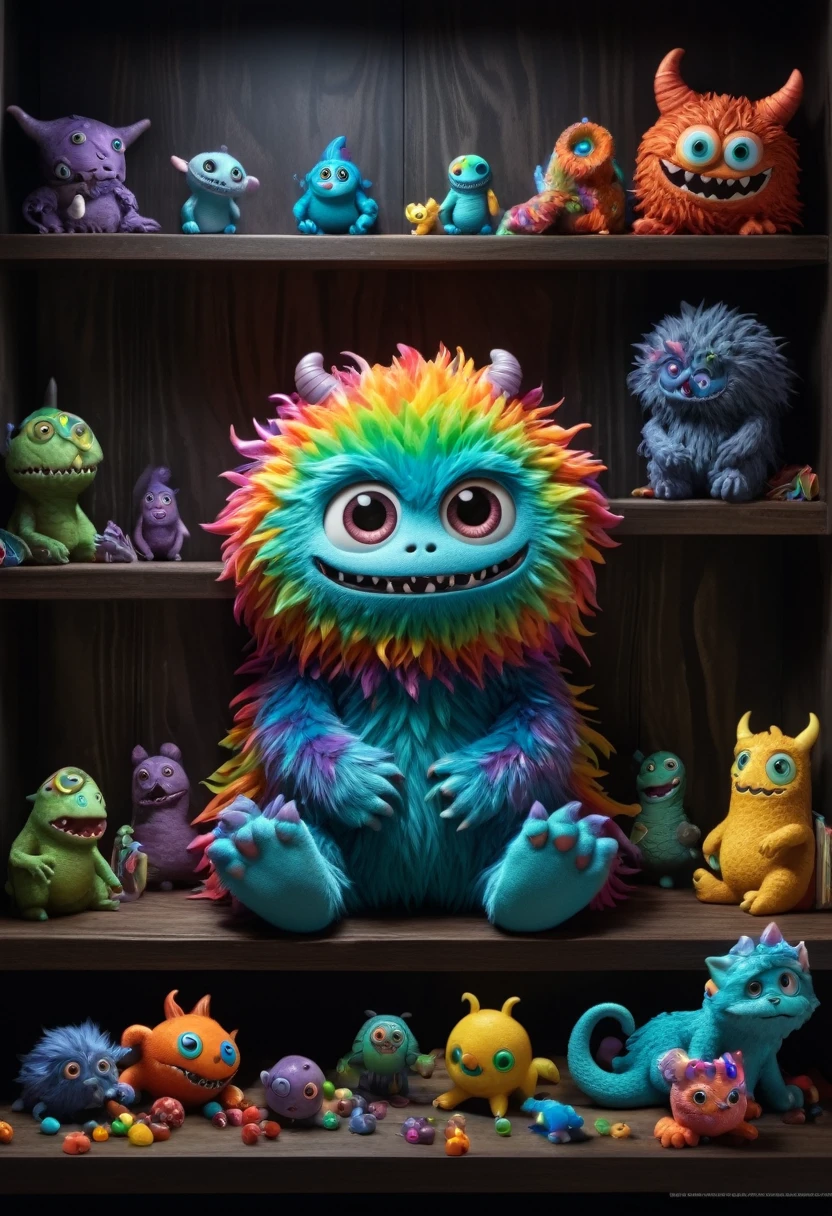 A cute monster with a rainbow-colored fur coat, a long tail, and big, round eyes. The monster is sitting on a cluttered shelf in a mysterious, dark environment. The shelf is surrounded by other colorful monsters, some of which are sleeping, while others are playing with toys. The environment is ultra-detailed, with intricate carvings on the walls and floors, and a perfect cinematic lighting that highlights every detail. The product photography is perfect, capturing every angle and texture of the monster and its surroundings. The environment is perfect for a horror movie, with a sense of foreboding and danger lurking around every corner. The scene is rendered in 8K, with every pixel perfectly defined and crisp, (masterpiece, best quality, Professional, perfect composition, very aesthetic, absurdres, ultra-detailed, intricate details:1.3)