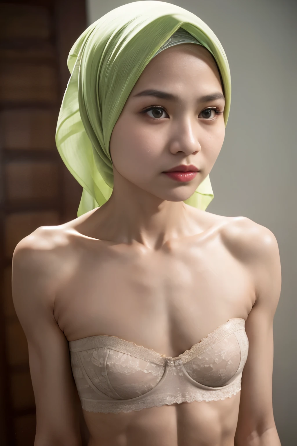 ((SHORT HIJAB)), ((Flat chest:1.7)), (dynamic photograph of a 58 year old Indonesian woman), (slim top, cotton panties), (straight non curly hair), (highly detailed face:1.4), (vascular muscles and abs:1.3), (background inside light, bright, private gym:1.1), (8k, uhd, dslr, high quality, cinematic lighting, bokeh), (dramatic, award winning photography, incredible masterpiece:1.3), (((sexy sultry stare at camera:0.8))), close up, ((she is ready to dominate you:0.5)), ((beautiful feminine face)) (she is a champion MMA fighter), add_detail:1, ((Wearing strapless pastel)) lace yellow fluorescence , from behind view, seductive pose, straddling ,