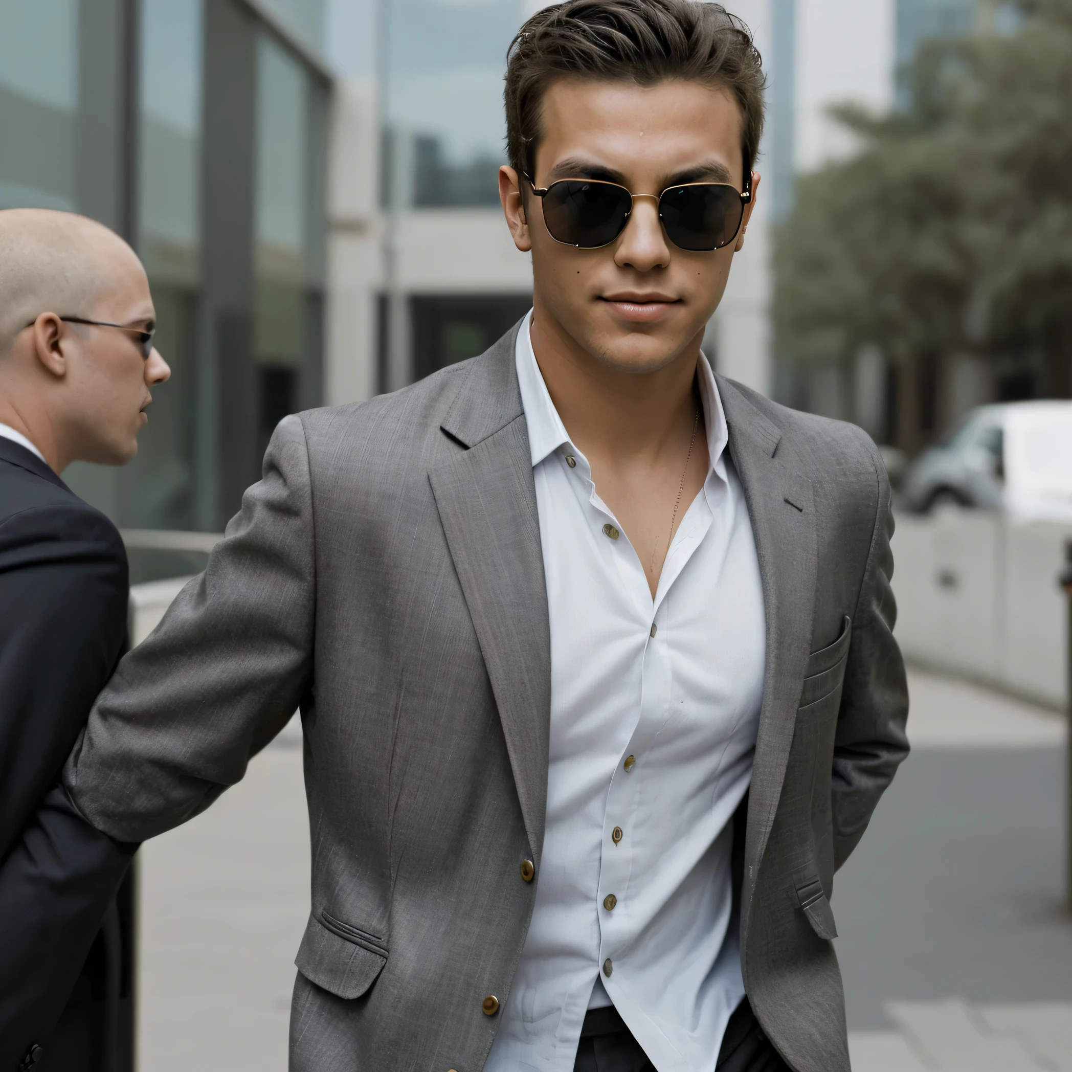 A portrait of a young businessman wearing sunglasses
