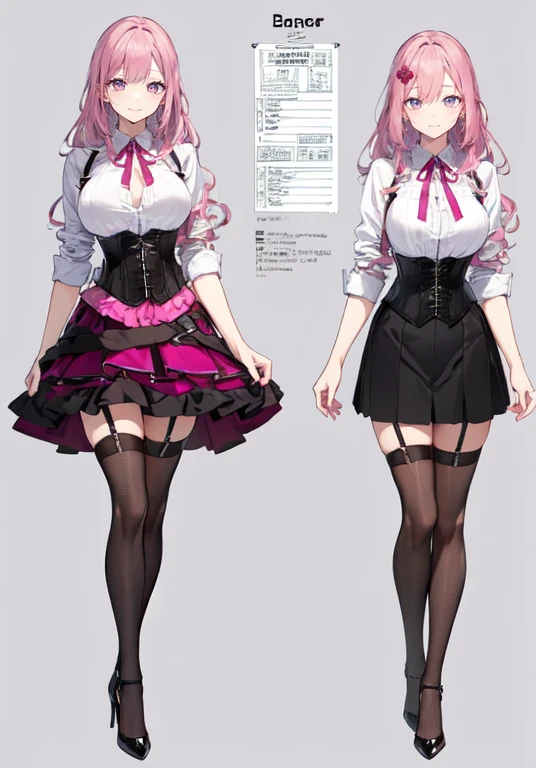 pink hair,Long hair,Adult female,Bartender,((Body harness)),((Rolling up your sleeves shirt)),(Corset),(Tight skirt),Garter belt,High heels,((Simple background)),Smile,((Full body)),((whole body)),Character Sheet,