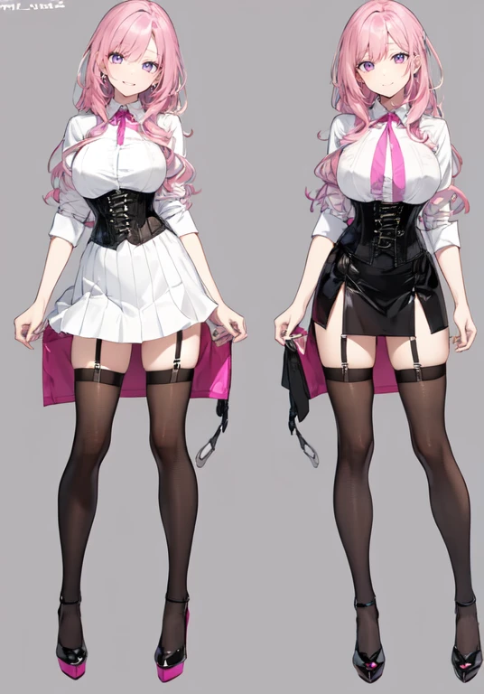 pink hair,Long hair,Adult female,Bartender,((Body harness)),((Rolling up your sleeves shirt)),(Corset),(Tight skirt),Garter belt,High heels,((Simple background)),Smile,((Full body)),((whole body)),Character Sheet,