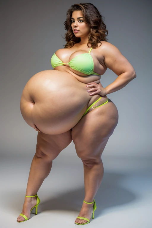 A hot brazillian woman, pretty brazillian woman, long legs, wavy messy brown hair, (plump body, sagging breasts, braless), ((wearing neon Green bikini)), white stilettos, pushes chest, seductive look, attractive, full body, front view, at professional photo studio, white backdrop background, dynamic light, dynamic angle, perspective, candid, curvy body, plump body, huge big ass, thick body, curvy body type, voluptuous body type, busty body type, thick body type, big chest, big
