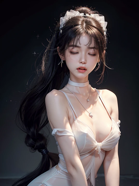 best quality, masterpiece, Ultra-high resolution, lifelike, (panoramic:1.5), (1 girl),(Long hair,Tied into a very long ponytail),(Hair accessories:1.4),There are many chains and ropes around the girl, binding her:1.3,whole body黑丝,Black Focus, Good shape, whole body,Random Pose Reference, Single eyelid eyes, High nose bridge、Pointed nose, V-Shaped Face, Pale skin, Bokeh (Show side breasts,round chest,Soft breasts,Breasts are elastic,Shiny Breasts,Breasts are slightly sagging,Slightly larger breast size(white chocker necklace:1.6),(earrings:1.3 )、 (pleading eyes:1.0),(Chu Chu pitiful,frown:1.5) (Deep sadness、sorrow、open mouth :1.2 ) (Close your eyes:1.3)(Open lips:1.0) (Expression of enjoyment:1.2)(slim and slender figure:1.3) (Wearing a slightly transparent two-piece orange latex jumpsuit,There are scars on clothes,Show cleavage)(STELLAR BLADE,EVE:1.6)(Hair accessories:1.4)