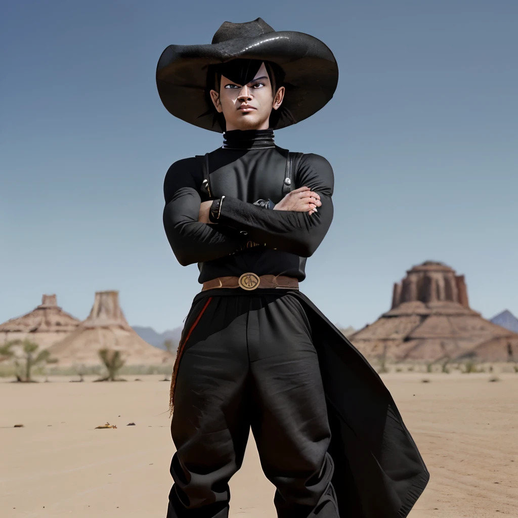 cria um personagem de de dragon ball z. his appearance is: wears a black outfit and wears a hat similar to an old west cowboy's hat. his appearance is: tem 1 50 de altura, medium hair and wears a poncho. Estilo de anime