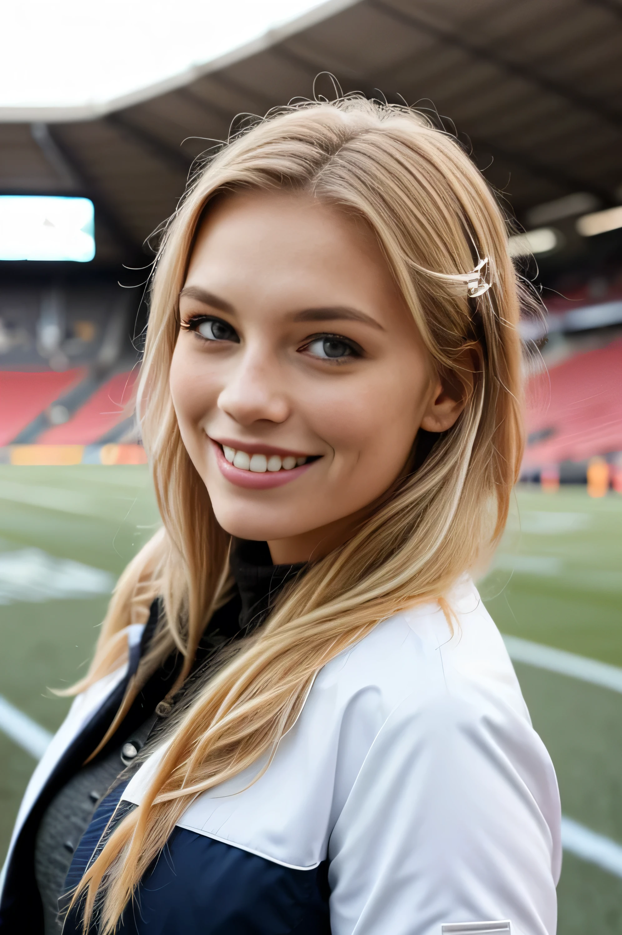 (beautiful, detailreiches Haar blond, in the football stadium in summer ), (Adorable freckles), (charming smile, schelmischer Ausdruck), (verspielte Pose), (Winter outfit), (wunderliche Brise, wallende Haare), (Bokeh-Hintergrund), (lebendige Farben, rich tones), (froh, sorglos), (fesselnd, Zauberhaft)