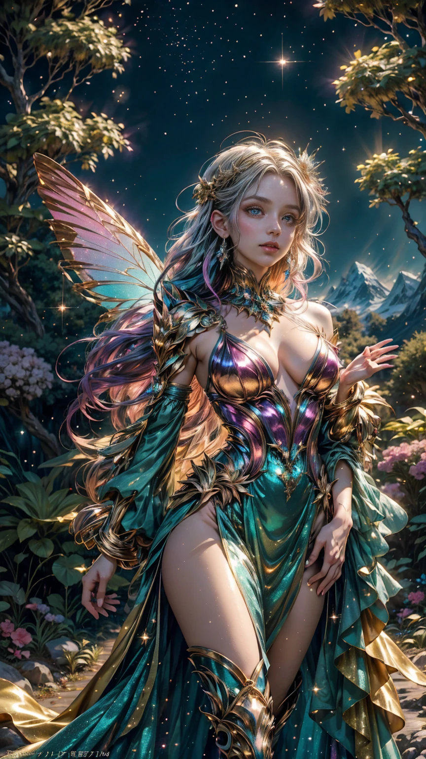 A beautiful fairy glitter Woman, anime style. walking through a vibrant glittering wonderland, showcasing the woman's rainbow glitter hair and sparkling, golden ornament. Every tree and mountain in the landscape is meticulously rendered, from the sugary trees to the gumdrop mountains, creating a visually stunning and immersive world. The overall effect is a delightful blend of fantasy, glitter and nostalgia, solarpunk, fantasy anime. 2.5D style anime, close-up, fine quality silver eyes, eyes looking at the camera, ultra detailed, Beautiful and aesthetically pleasing, masterpiece, Best quality score, Extremely detailed , dynamic angle, raytraced, middle body, close up, high view, particles, glitter and soft lights, angulo picado