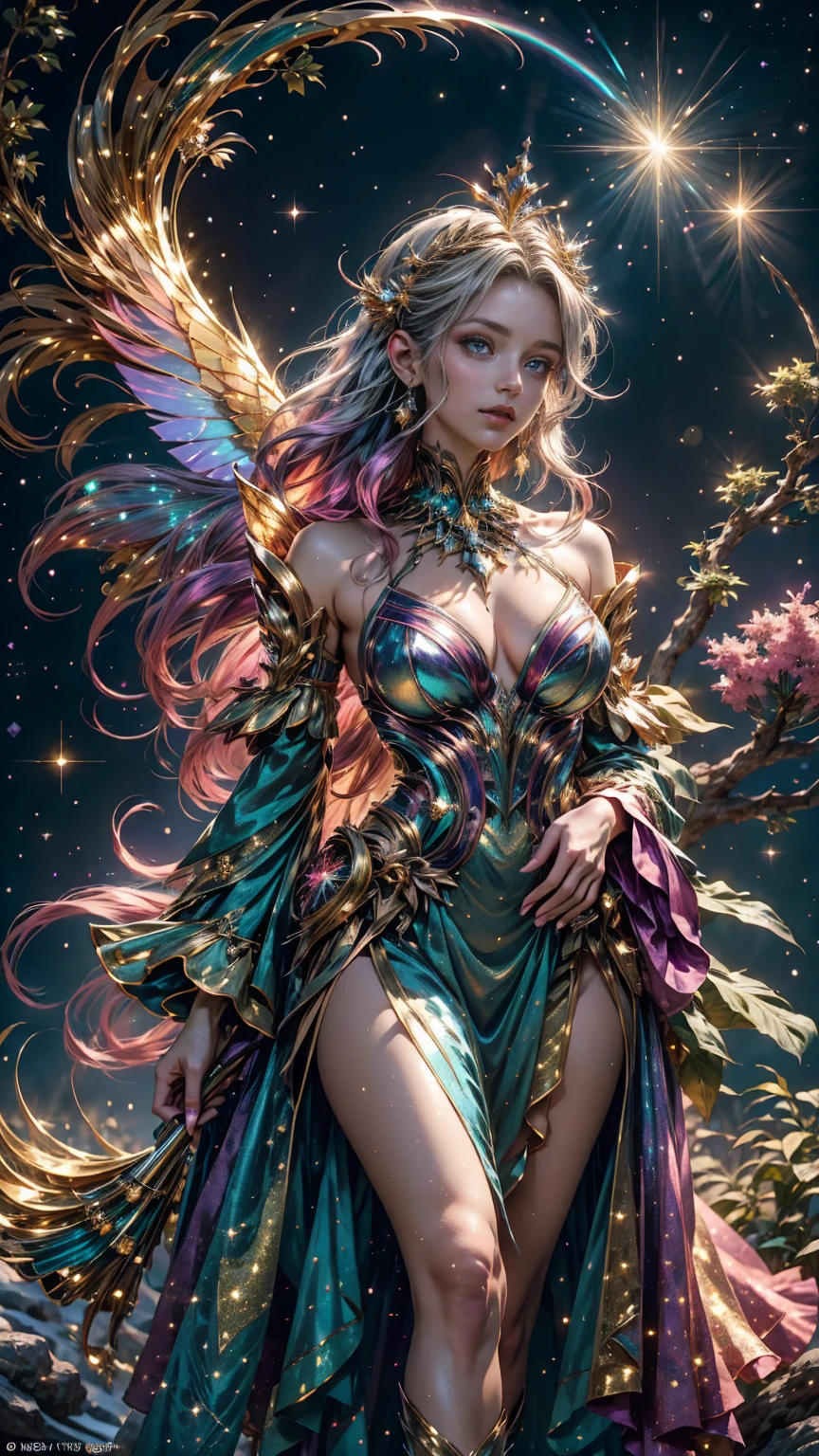 A beautiful fairy glitter Woman, anime style. walking through a vibrant glittering wonderland, showcasing the woman's rainbow glitter hair and sparkling, golden ornament. Every tree and mountain in the landscape is meticulously rendered, from the sugary trees to the gumdrop mountains, creating a visually stunning and immersive world. The overall effect is a delightful blend of fantasy, glitter and nostalgia, solarpunk, fantasy anime. 2.5D style anime, close-up, fine quality silver eyes, eyes looking at the camera, ultra detailed, Beautiful and aesthetically pleasing, masterpiece, Best quality score, Extremely detailed , dynamic angle, raytraced, middle body, close up, high view, particles, glitter and soft lights, angulo picado