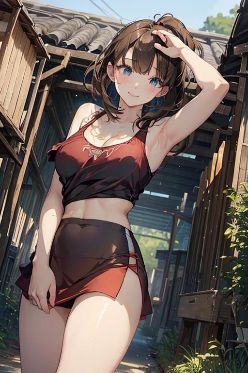 (masterpiece:1.2, top-quality), (realistic, photorealistic:1.4), beautiful illustration, (natural side lighting, movie lighting), looking away, (face focus, upper body, from below), 1 girl, japanese, high school girl, , perfect face, perfect body, cute and symmetrical face, shiny skin, babyface, tiny, (short hair:1.5, (low ponytail):1.6, long sideburns, light brown hair), asymmetrical bangs, dark blue eyes, big eyes, drooping eyes, (middle breasts, posed cleavage,seductive thighs, big ass), beautiful hair, beautiful face, beautiful detailed eyes, beautiful clavicle, beautiful body, beautiful chest, beautiful thigh, beautiful legs, beautiful fingers, off-shoulder red dress, sleeveless black, brown tight mini skirt, ), emerald green hair ribbon), (beautiful scenery), morning, (street), standing, upper eyes, (with sparkling eyes and a contagious smile:1.2),looking at Viewerr,