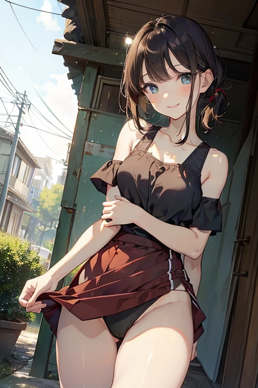 (masterpiece:1.2, top-quality), (realistic, photorealistic:1.4), beautiful illustration, (natural side lighting, movie lighting), looking away, (face focus, upper body, from below), 1 girl, japanese, high school girl, , perfect face, perfect body, cute and symmetrical face, shiny skin, babyface, tiny, (short hair:1.5, (low ponytail):1.6, long sideburns, light brown hair), asymmetrical bangs, dark blue eyes, big eyes, drooping eyes, (middle breasts, posed cleavage,seductive thighs, big ass), beautiful hair, beautiful face, beautiful detailed eyes, beautiful clavicle, beautiful body, beautiful chest, beautiful thigh, beautiful legs, beautiful fingers, off-shoulder red dress, sleeveless black, brown tight mini skirt, ), emerald green hair ribbon), (beautiful scenery), morning, (street), standing, upper eyes, (with sparkling eyes and a contagious smile:1.2),looking at Viewerr,