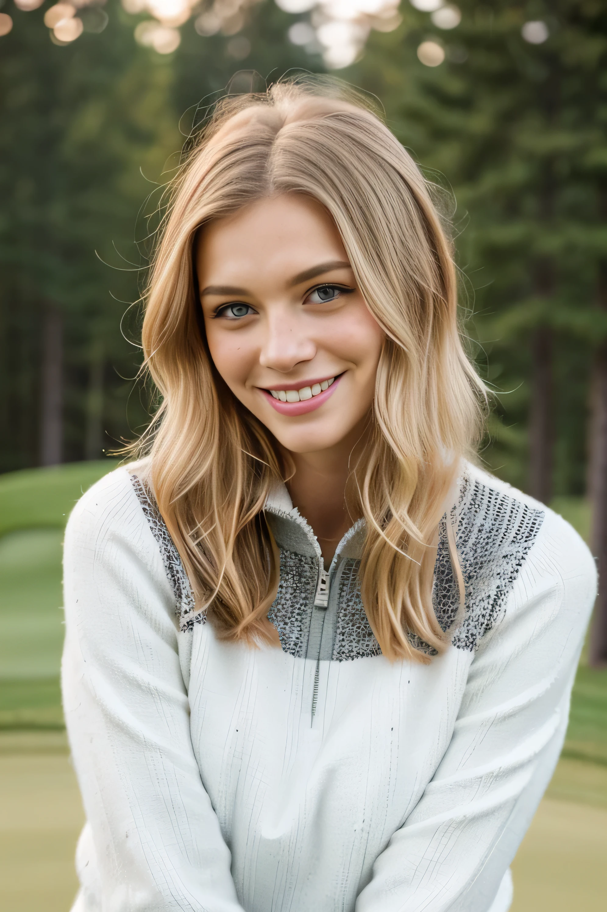 (beautiful, detailreiches Haar blond, am golfen, im sommer ), (Adorable freckles), (charming smile, schelmischer Ausdruck), (verspielte Pose), (Winter outfit), (wunderliche Brise, wallende Haare), (Bokeh-Hintergrund), (lebendige Farben, rich tones), (froh, sorglos), (fesselnd, Zauberhaft)
