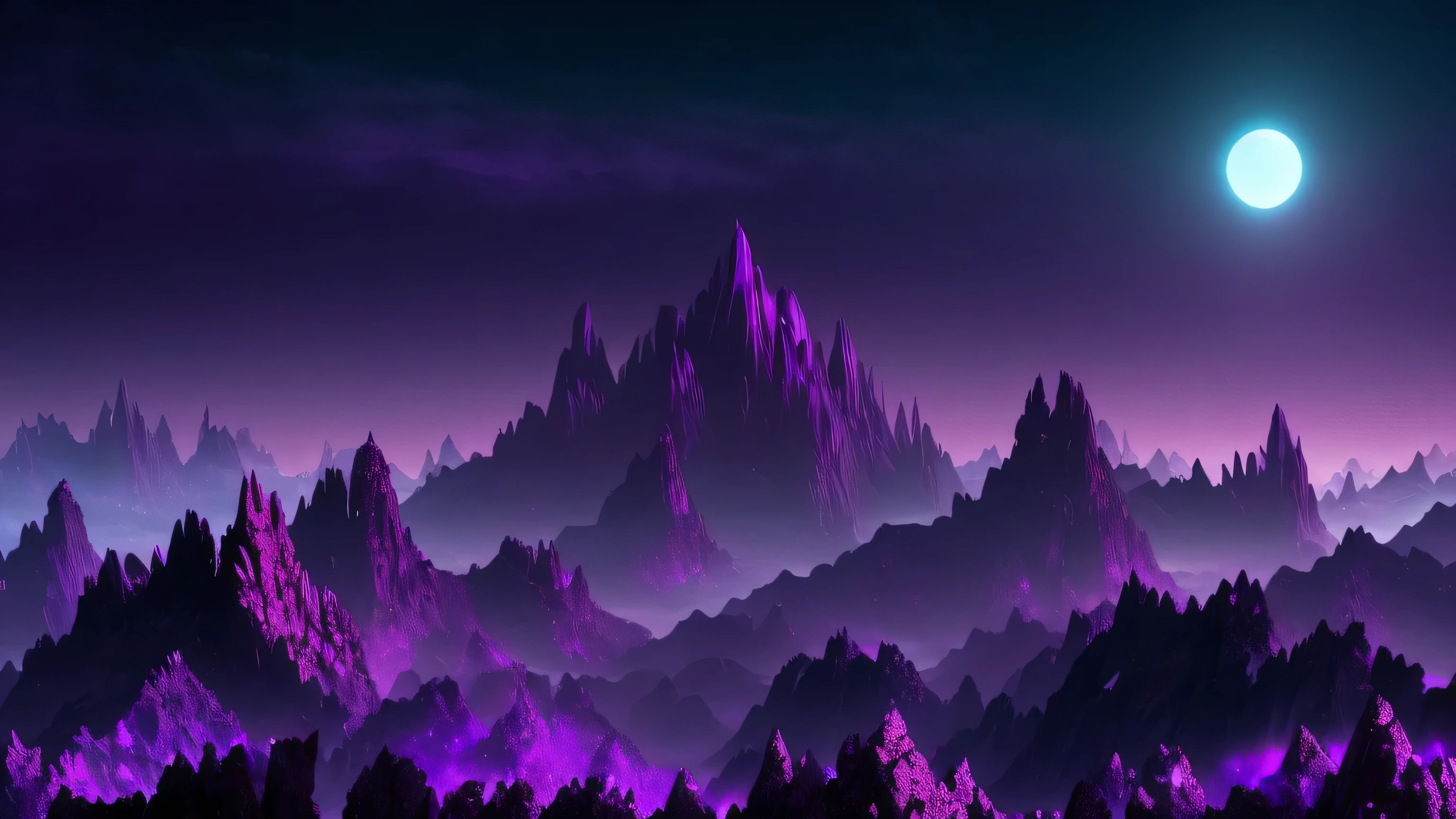 ominous black tall mountain range in the style of Roger Dean, large purple crystals glowing with purple light, the sky consists of several floating black triangles, dark occult imagery, masterpiece, highly detailed, ultra-high quality, vibrant colors