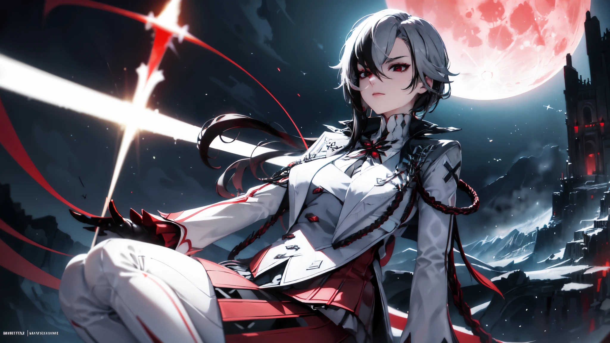 detailed eyes with red X,  short red and black stripe hair, fashionable outfit, confident pose, peaceful atmosphere, vibrant colors, soft lighting, summer breeze, arlecchino staying on top of a mountain, big crimson moon, crimson lighlting, ultra realistic, dark atmosphere, serious face, early twenties, white and black uniform,  