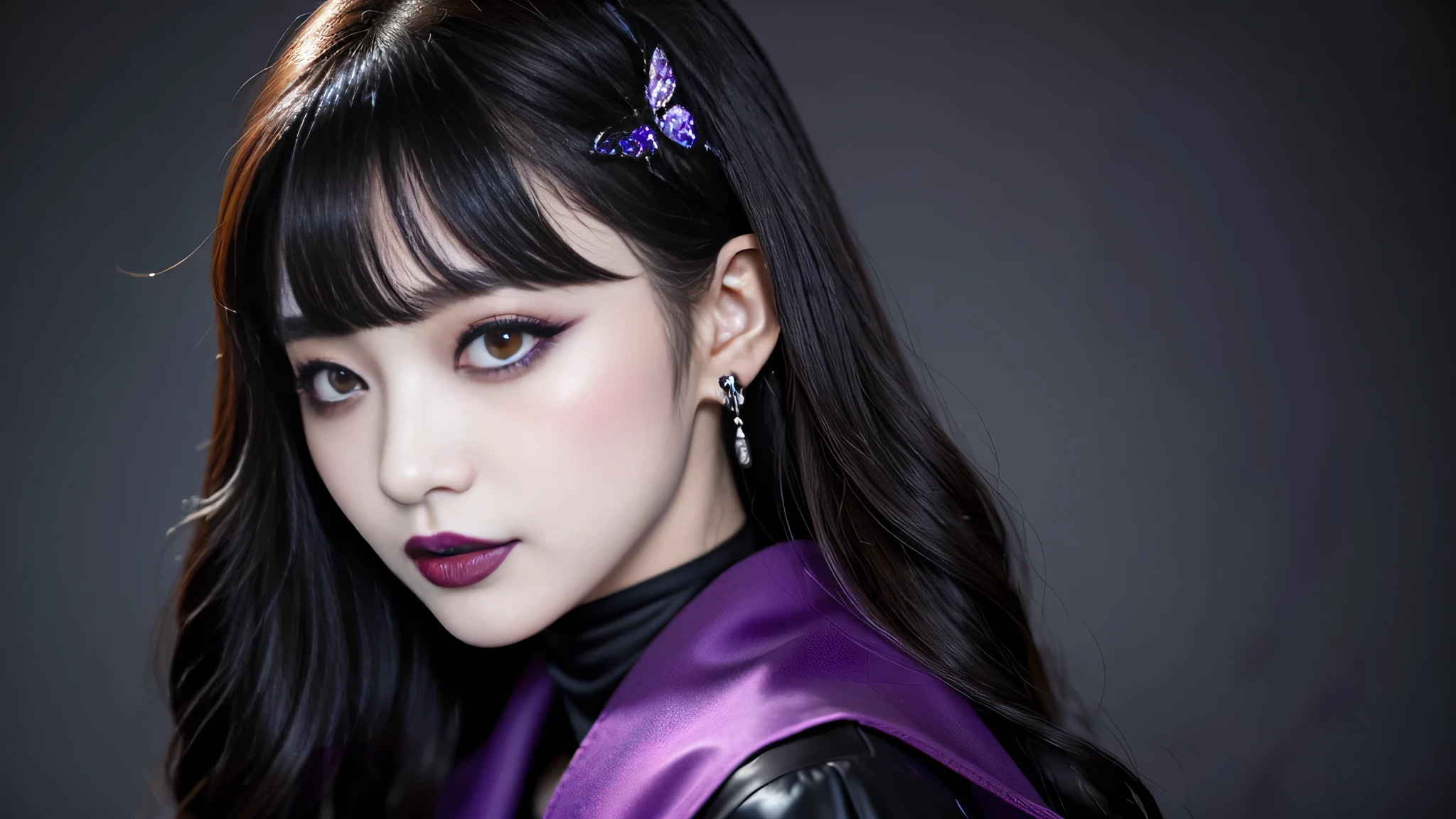 best quality、ultra-detailed、4k、Japanese、Seductive beauty、seductive adult woman、Pretty Woman、cool girl、Villainess、Brainwash、Fallen into evil、smirk、Evil look、Wicked Smile、evil、Brown hair、wavy hair、swept bangs、Butterfly Hair Ornament、dark makeup、dark makeup、piercing eyes、hollow eyes,half-closed eyes、Hollow Eyes、Purple Eyeshadow、black lipstick、black lipglos、Long Black Cheongsam、Wide sleeves、night、inside darkroom、Having lipstick、Makeup Brushes、Emblem of Evil、Crest of Darkness、Swear allegiance、I have pledged my allegiance、Dye black、Blackening、Stained with evil、Dyed in darkness、
