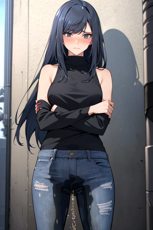 A woman with very long black hair and (very long bangs:1.5), wearing a stylish jacket and tight jeans, standing. The artwork is inspired by manga and incorporates a doujin style. The woman appears to be (wetting herself:1.5), which causes her to feel embarrassed and humiliated, resulting in a blush on her face. In addition, there is an air of anger in her expression. The lighting in the scene is moody, with a spotlight highlighting the woman's figure. She is crossing her arms, (arms crossed:1.5), fully showcasing her jeans., medium breasts
