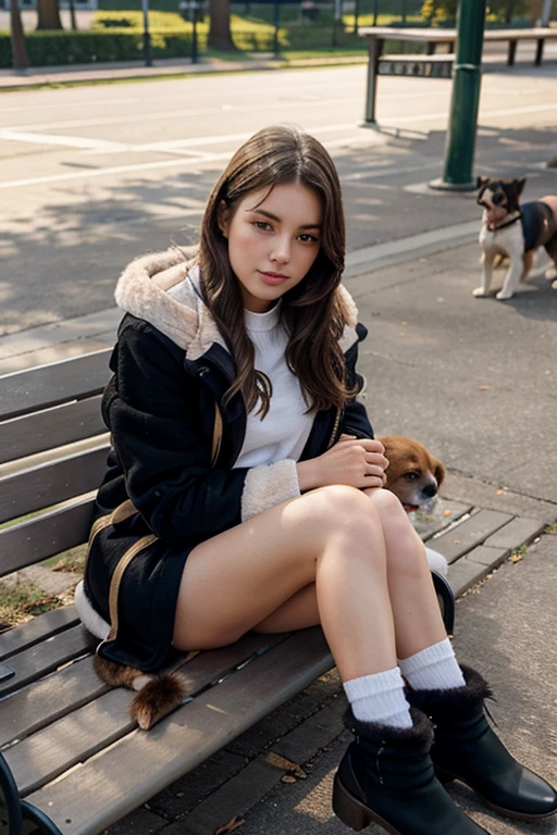 Make a girl in a fur jacket and sitting on a bench and dog next to her on the ground.