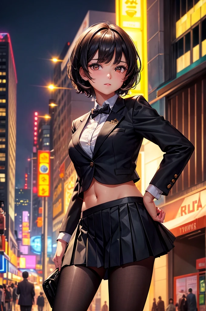 Cute young woman, Black short hair, Brown eyes, Queen,Pleated skirt suit,streetlight,Neon,Bustling street background,(navel:1.1,Princess Eyes), noble, royalties, high quality, masterpiece, Very detailed