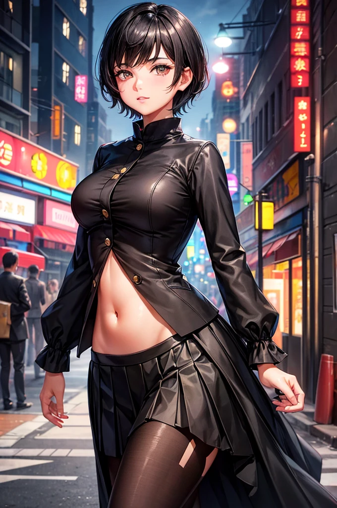 Cute young woman, Black short hair, Brown eyes, Queen,Pleated skirt suit,streetlight,Neon,Bustling street background,(navel:1.1,Princess Eyes), noble, royalties, high quality, masterpiece, Very detailed