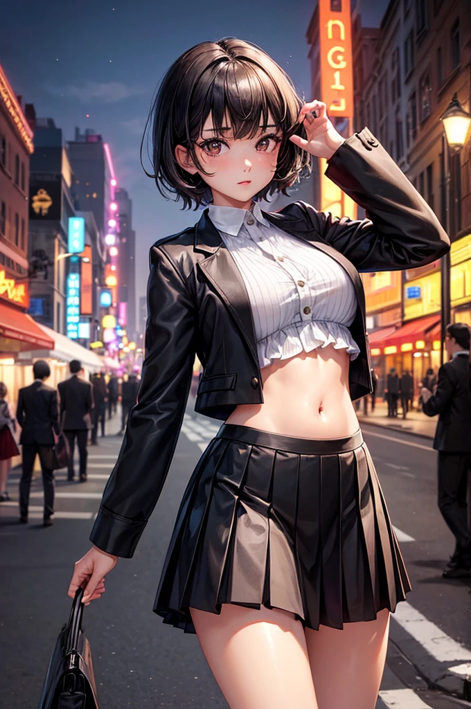 Cute young woman, Black short hair, Brown eyes, Queen,Pleated skirt suit,streetlight,Neon,Bustling street background,(navel:1.1,Princess Eyes), noble, royalties, high quality, masterpiece, Very detailed