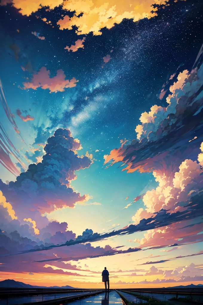 High-quality masterpieces, landscape, cloud, Cartoon train passing a body of water on the tracks in the distance, Bright starry sky. tourists, romantic lighting, PIXIV, concept art, Lofi art style, reflection. Shinkai Makoto, Luo Fei Art, Beautiful anime scene, Anime Landscape, 詳細landscape — 寬度 672, Shinkai Makoto's style, Shinkai Makoto's style, Enhance details.  