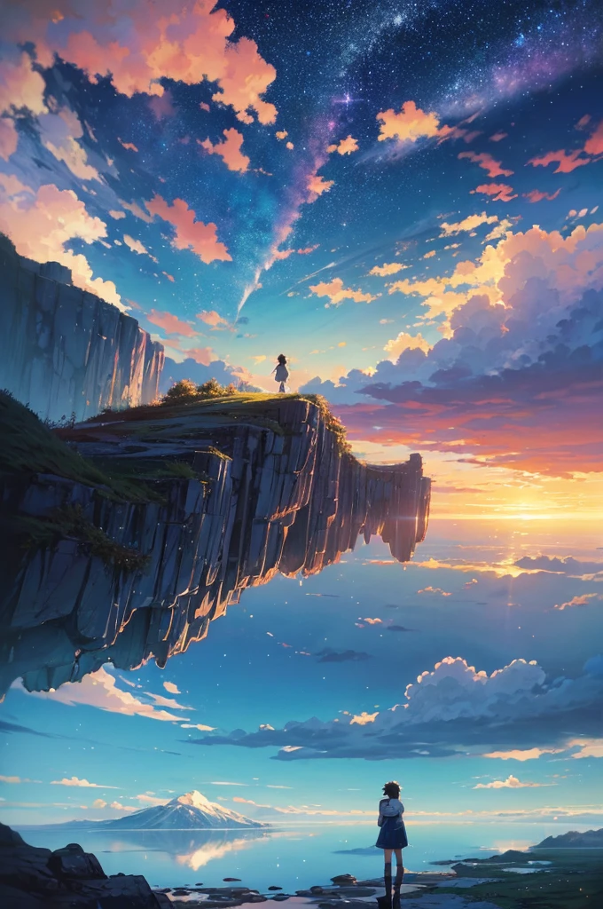 High-quality masterpieces, landscape, cloud, Cartoon train passing a body of water on the tracks in the distance, Bright starry sky. tourists, romantic lighting, PIXIV, concept art, Lofi art style, reflection. Shinkai Makoto, Luo Fei Art, Beautiful anime scene, Anime Landscape, 詳細landscape — 寬度 672, Shinkai Makoto's style, Shinkai Makoto's style, Enhance details.