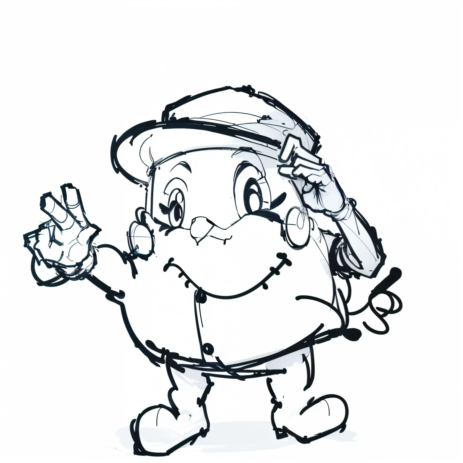 drawing of a cartoon The Character in the Hat and a cap, pose gesture, The Character in the Hat, character drawing, Sketch, Mr. halo character design, character posing, character design for animation, Character Design Sketch, animated character, character in his natural pose, Drawn on white parchment paper, Traditional animation, official concept art. Make a color analogDecorate with color. colored drawing