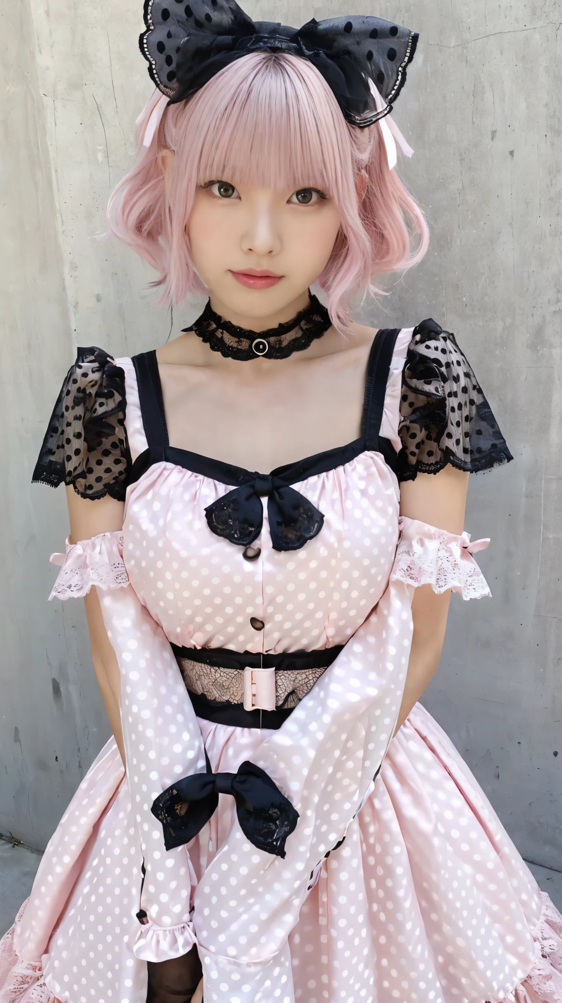 (8k, highest quality, masterpiece:1,2), (Realistic, Photorealistic:1.37), Super Detail, One Girl,), (Very detailedな), (Beautiful and detailed eyes), (highest quality), (Very detailed ), (masterpiece), (Detailed face),20-year-old, ,1 girl, whole body, pink hair,Very short hair, Medium chest, Dressed, Perfect lighting, pussy and breast focus, View your viewers, Excited face, Mischievous face, break in gothic ta dress, (wear (pink:1.2) and (black:0.8) Dress (Polka dot pattern:1.2) and lace appliques:1.4), wear no sleeves and halter neck, wear short skirt with layers of lace and tulle, (wear black gloves and pink shoes with straps:1.4),
break (wear black hat with pink bow:1.3),
break (short pink hair with spikes and bangs