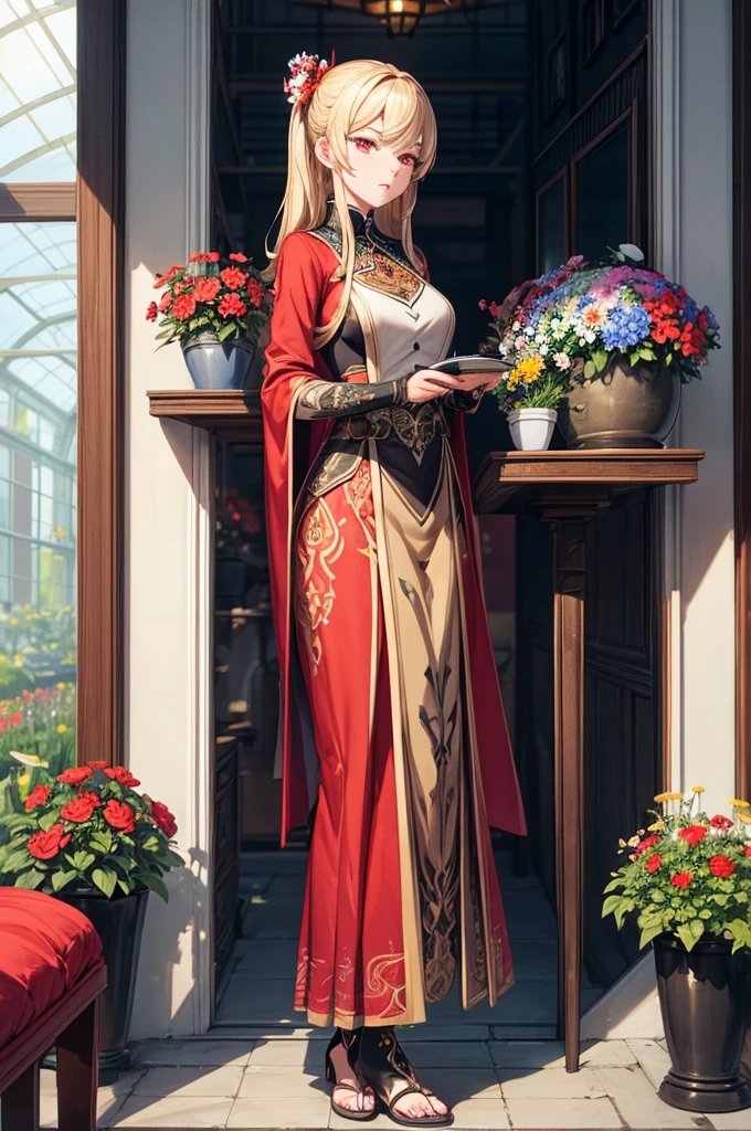 Extremely refined, Astonishing, Fine details, masterpiece, Super detailed, high resolution,Best Illustration, The best shadow,Wheels within wheels,Clear focus, high quality, 1 male, Solitary, blond. Red Eyes, Genshin Impact, Glass greenhouse, Potted flowers, Flowers for sale, Woman looking at flowers, Flowers everywhere
